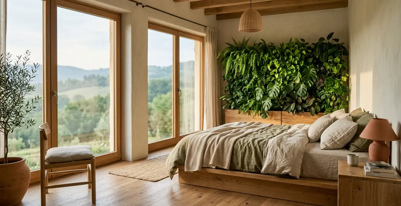 Camera d'hotel sostenibile con materiali naturali e finestre aperte su paesaggio verde