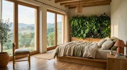 Camera d'hotel sostenibile con materiali naturali e finestre aperte su paesaggio verde
