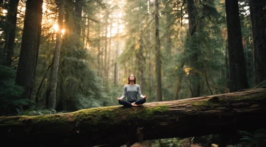 Persona seduta in meditazione nel bosco al crepuscolo, circondata da alberi imponenti