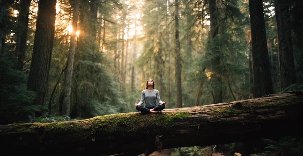Persona seduta in meditazione nel bosco al crepuscolo, circondata da alberi imponenti