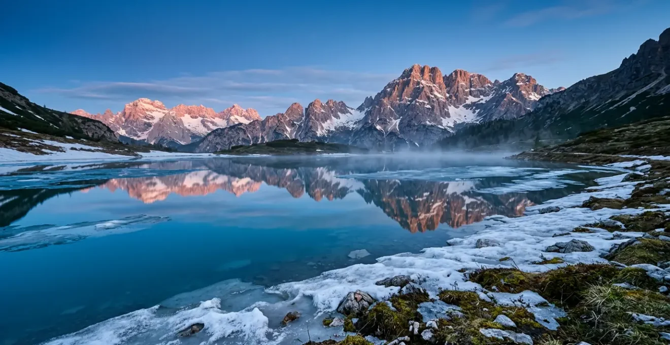 Lago alpino al disgelo con riflessi perfetti delle Dolomiti all'alba