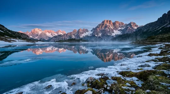 Lago alpino al disgelo con riflessi perfetti delle Dolomiti all'alba