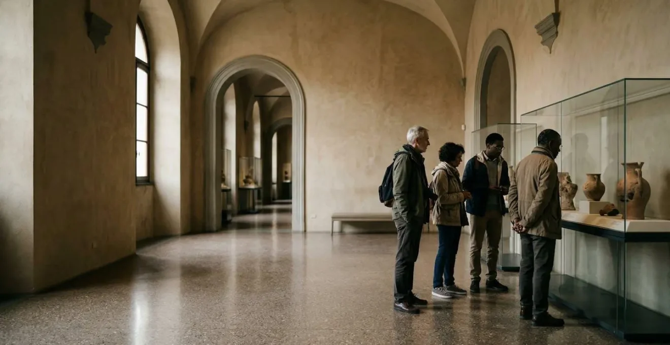 Visitatori in un piccolo museo locale italiano che contemplano opere della collezione permanente