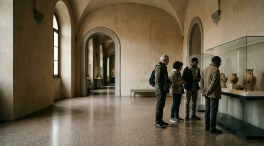 Visitatori in un piccolo museo locale italiano che contemplano opere della collezione permanente