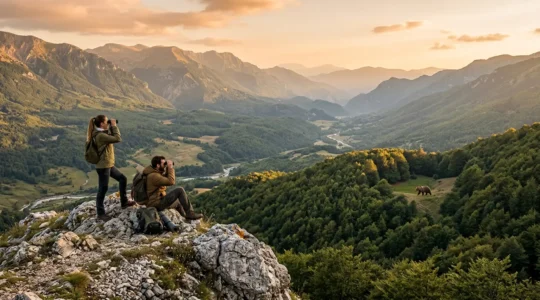 Escursionisti osservano con binocoli un orso bruno marsicano a distanza di sicurezza in una radura del Parco d'Abruzzo