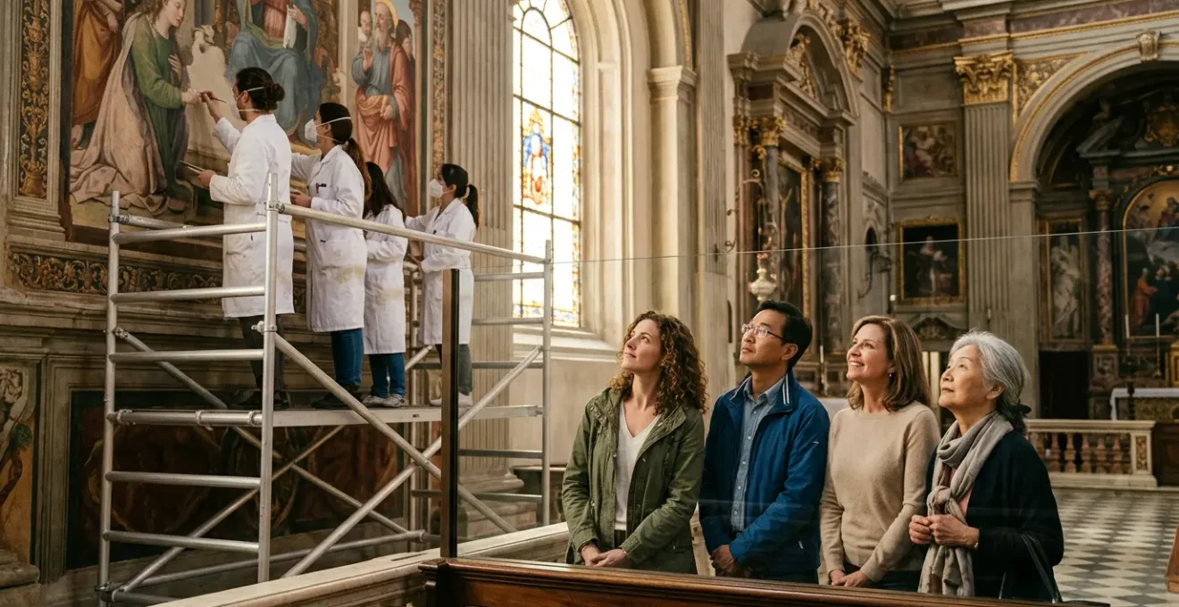 Turisti osservano il restauro di un affresco storico in una basilica italiana