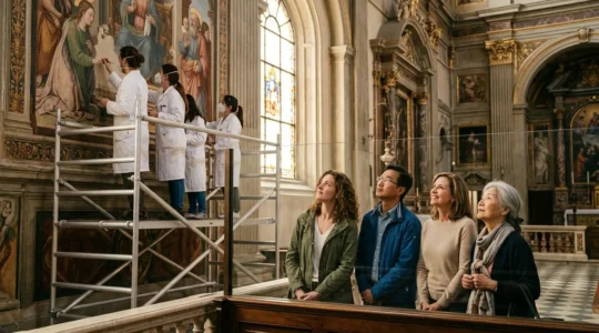 Turisti osservano il restauro di un affresco storico in una basilica italiana