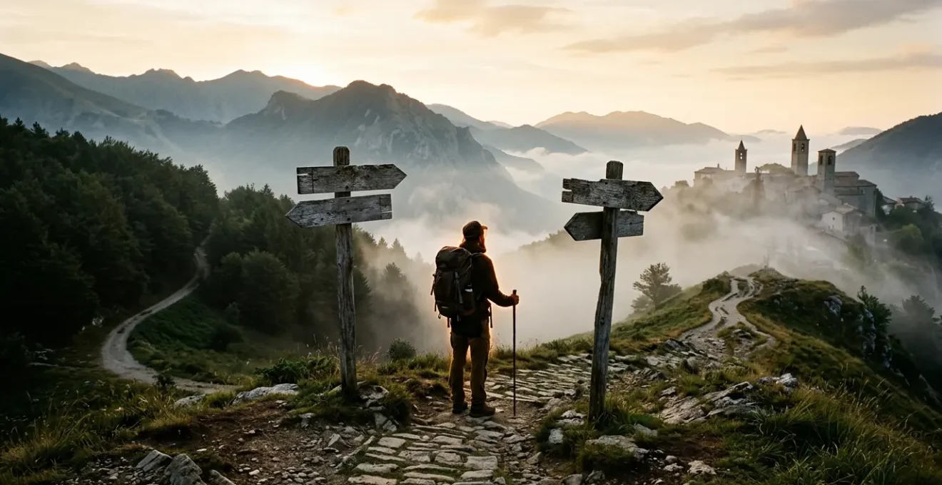 Pellegrino al bivio tra Via Francigena e Cammino di San Benedetto all'alba