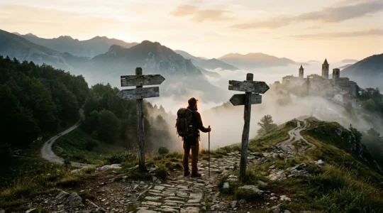 Pellegrino al bivio tra Via Francigena e Cammino di San Benedetto all'alba