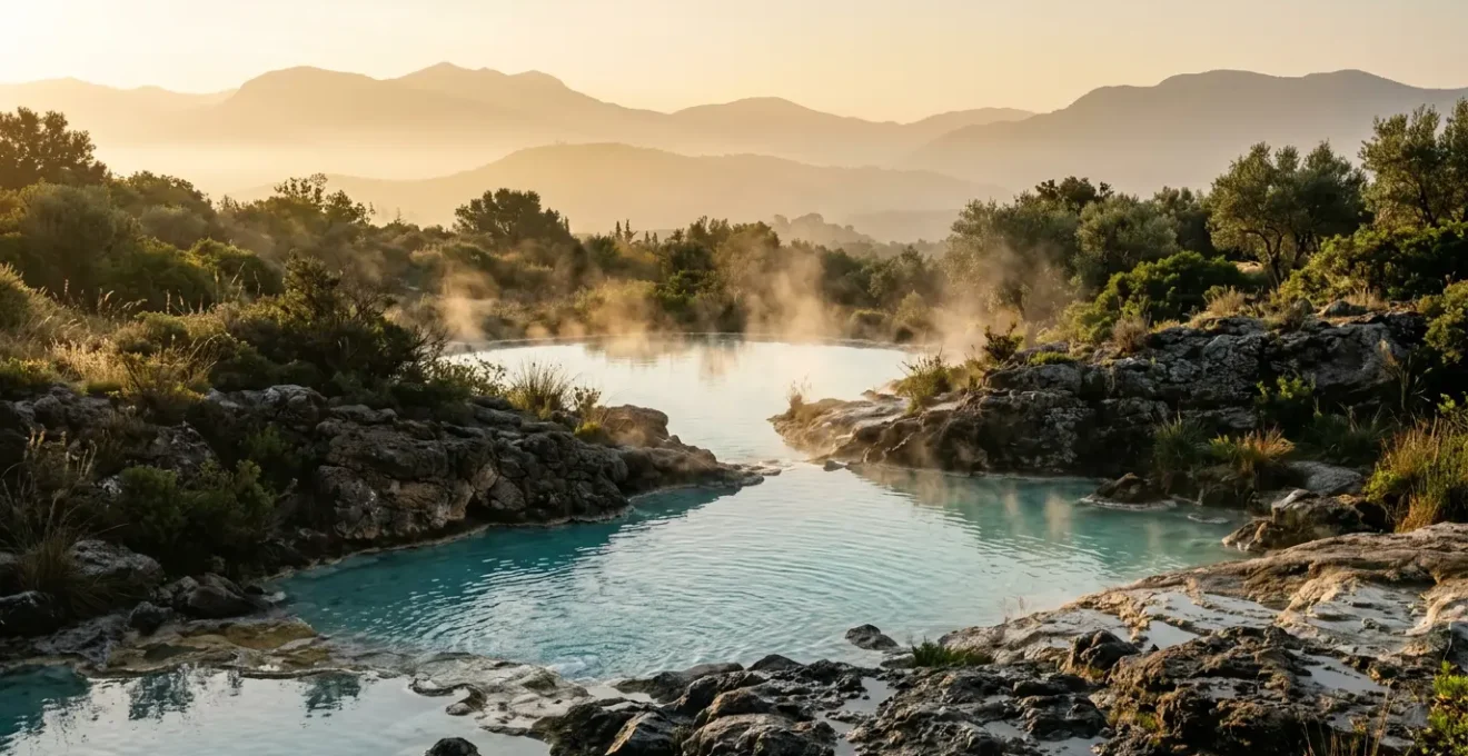 Vista panoramica di una piscina termale naturale con vapori sulfurei che salgono dall'acqua calda, circondata da rocce vulcaniche e vegetazione mediterranea