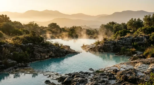 Vista panoramica di una piscina termale naturale con vapori sulfurei che salgono dall'acqua calda, circondata da rocce vulcaniche e vegetazione mediterranea