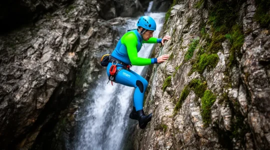 Principiante di canyoning si prepara al primo salto guardando la pozza d'acqua cristallina sottostante