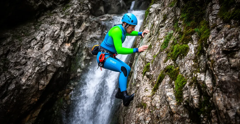 Principiante di canyoning si prepara al primo salto guardando la pozza d'acqua cristallina sottostante