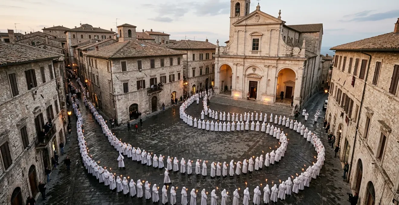 Fedeli in processione religiosa con ceri votivi in una piazza italiana storica