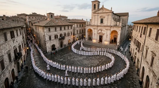 Fedeli in processione religiosa con ceri votivi in una piazza italiana storica