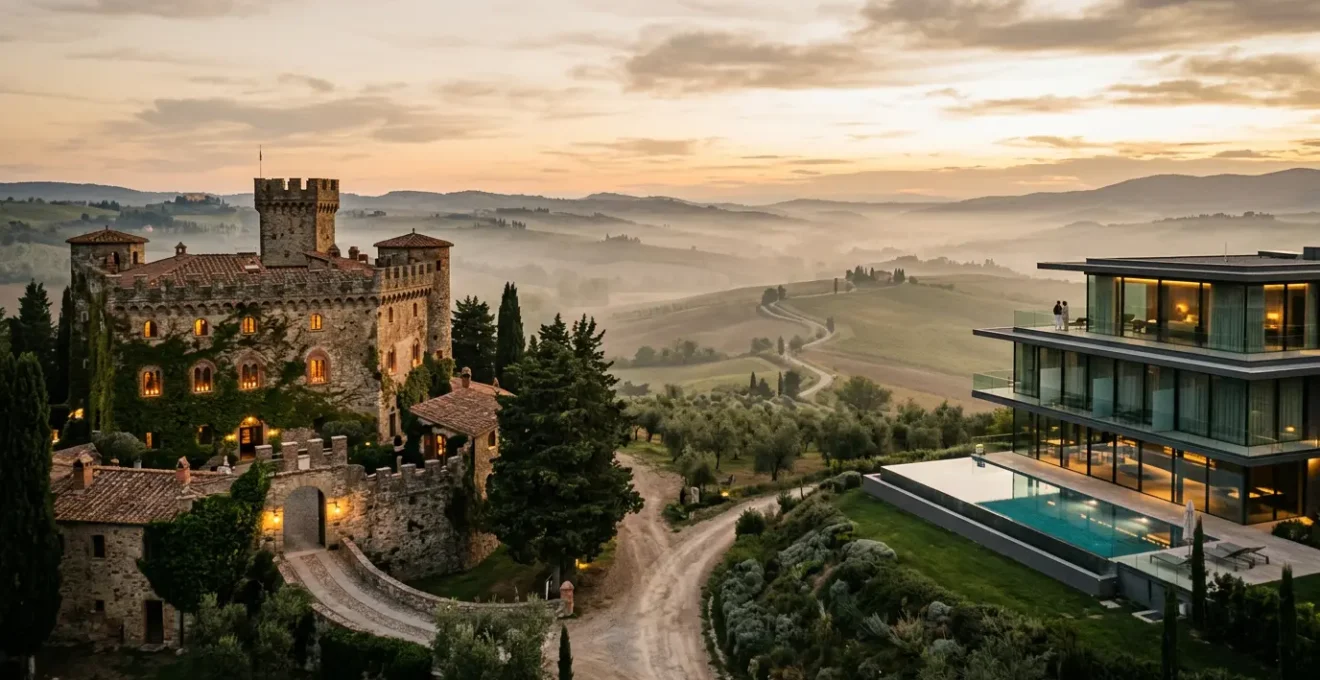 Vista panoramica di un castello medievale trasformato in relais di lusso accanto a un moderno hotel design con piscina infinity