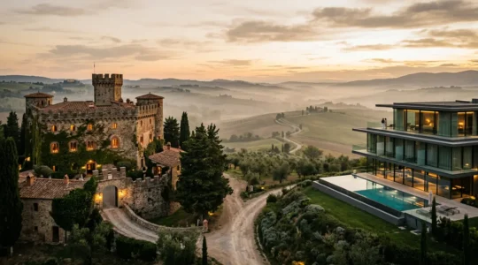 Vista panoramica di un castello medievale trasformato in relais di lusso accanto a un moderno hotel design con piscina infinity