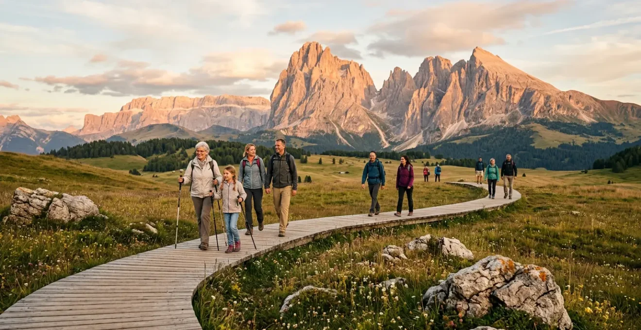Vista panoramica di sentieri accessibili sulle Dolomiti con famiglie che camminano