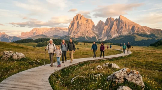 Vista panoramica di sentieri accessibili sulle Dolomiti con famiglie che camminano
