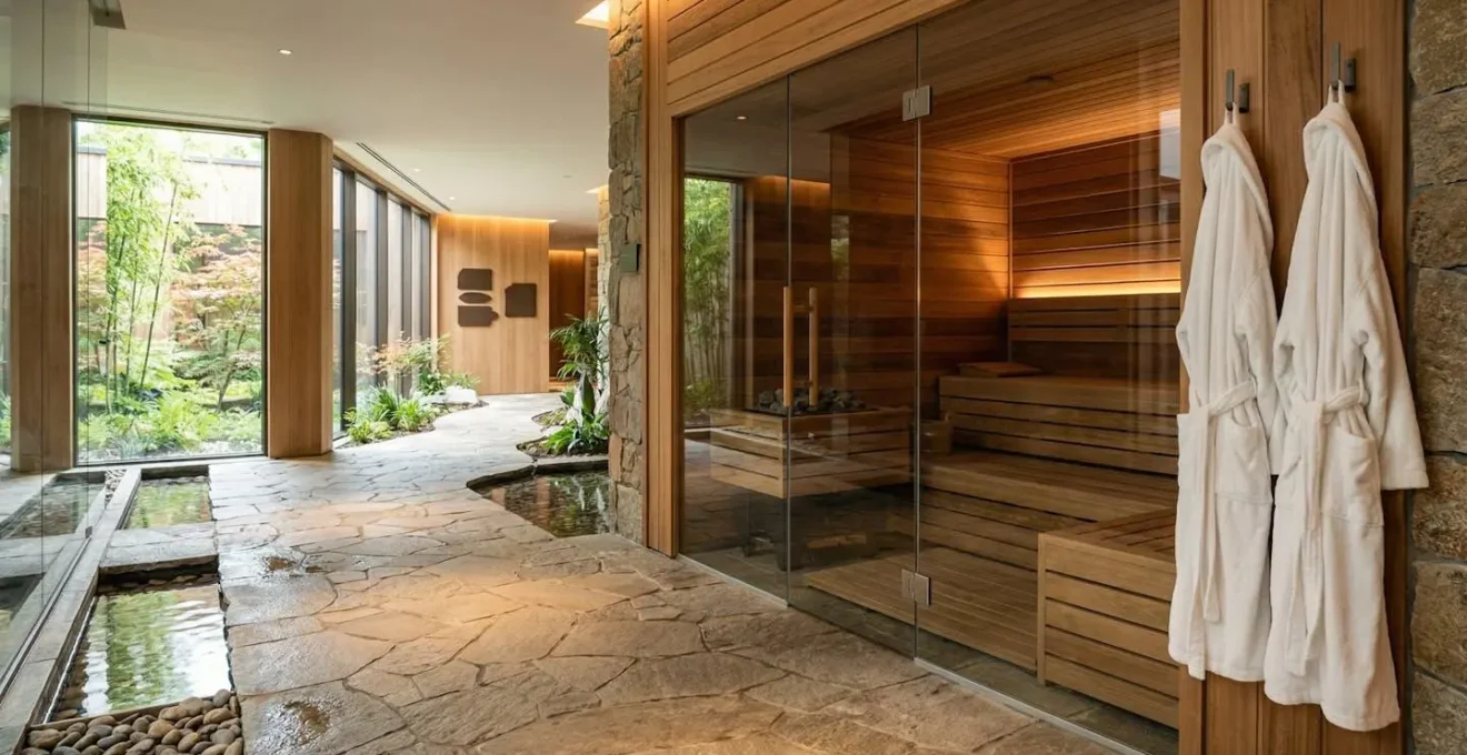 Vista di un'elegante area benessere con sauna in legno e accappatoi appesi, atmosfera rilassante e professionale