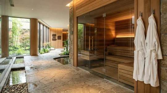 Vista di un'elegante area benessere con sauna in legno e accappatoi appesi, atmosfera rilassante e professionale
