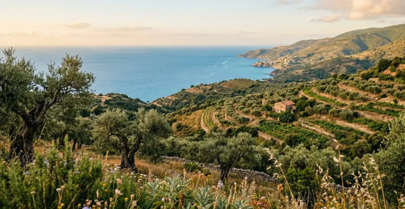 Paesaggio panoramico del Cilento con ulivi secolari e vista sul mare mediterraneo