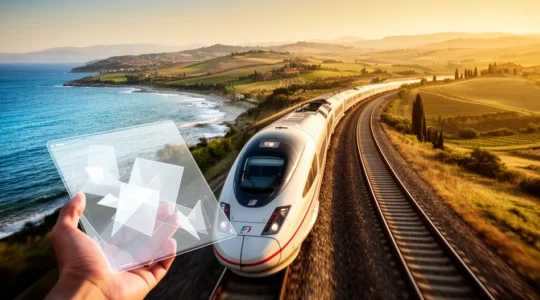 Vista panoramica di un treno ad alta velocità italiano attraverso paesaggi diversificati con viaggiatori che pianificano il percorso