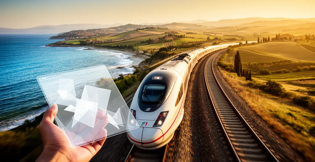 Vista panoramica di un treno ad alta velocità italiano attraverso paesaggi diversificati con viaggiatori che pianificano il percorso