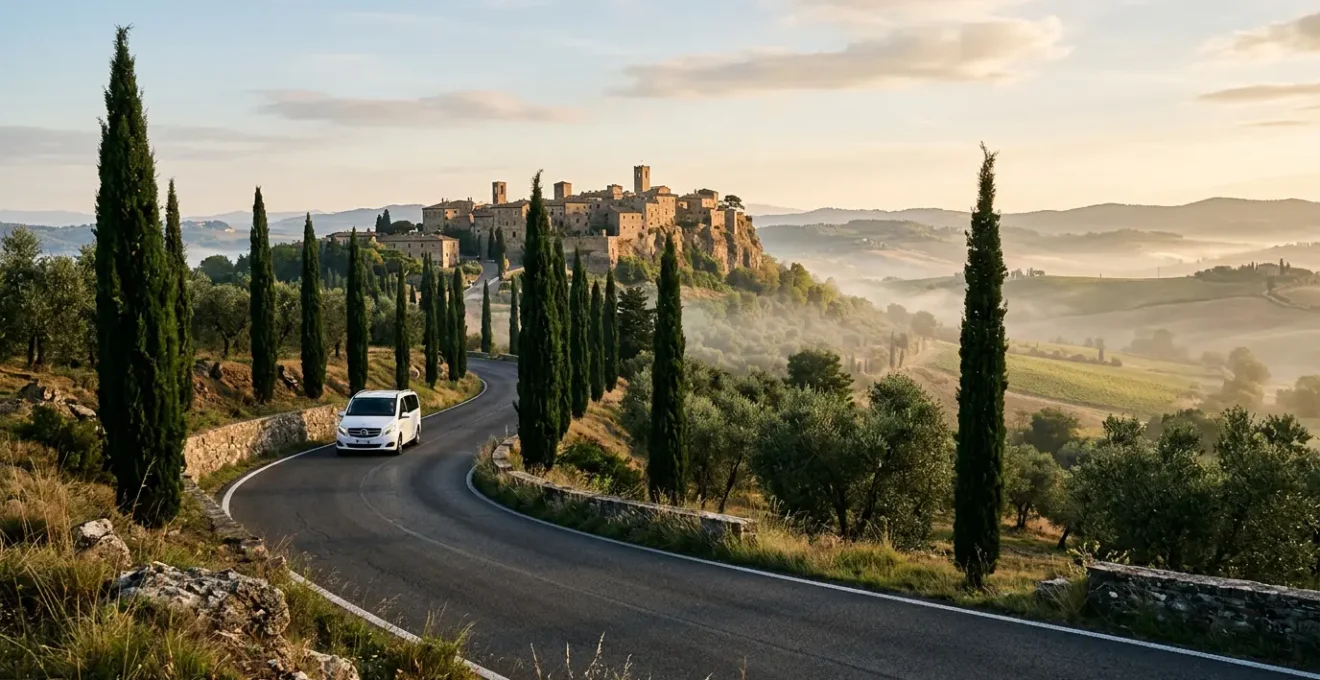 Vista panoramica di un borgo italiano isolato in collina con una strada tortuosa e un minivan elegante