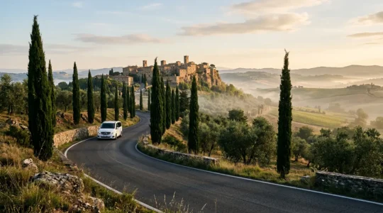 Vista panoramica di un borgo italiano isolato in collina con una strada tortuosa e un minivan elegante