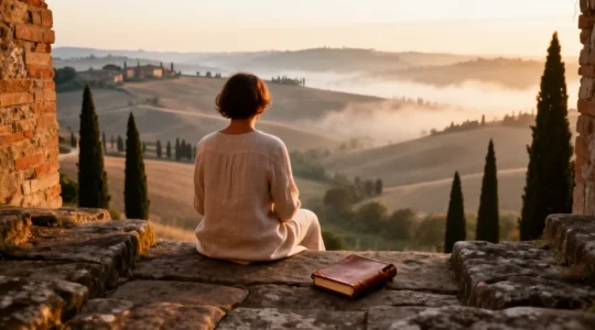 Viaggiatore solitario contempla l'alba da un antico borgo toscano con colline nebbiose sullo sfondo