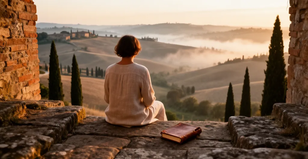 Viaggiatore solitario contempla l'alba da un antico borgo toscano con colline nebbiose sullo sfondo