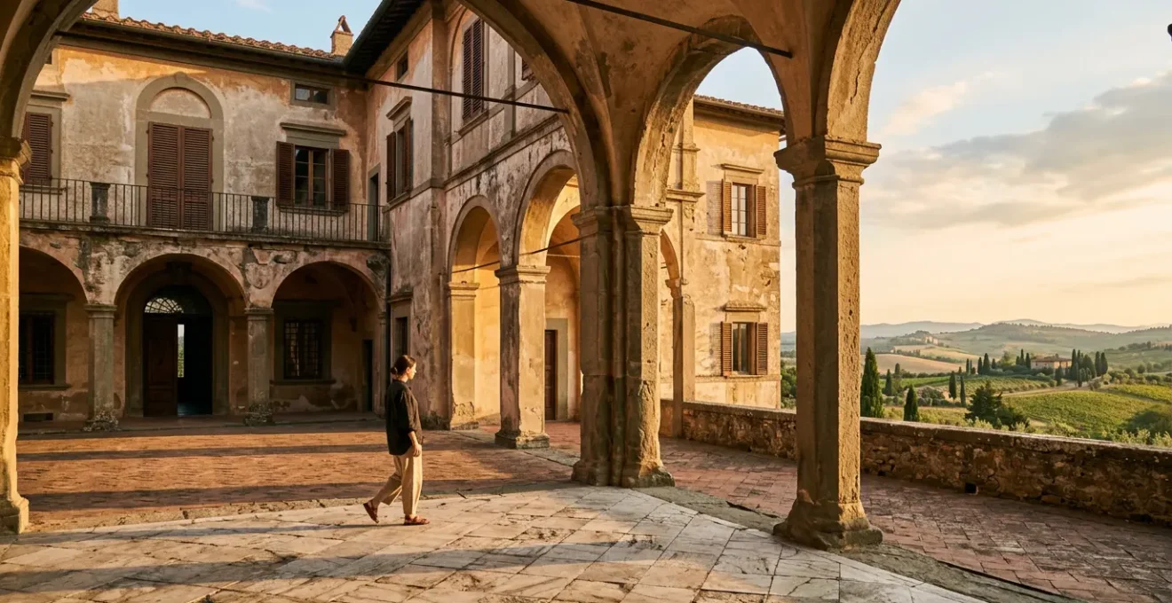 Elegante villa storica italiana illuminata dalla luce dorata del tramonto