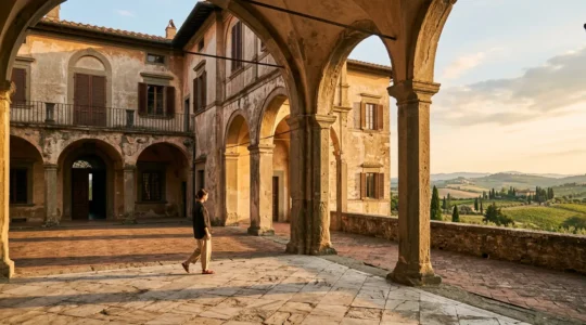 Elegante villa storica italiana illuminata dalla luce dorata del tramonto