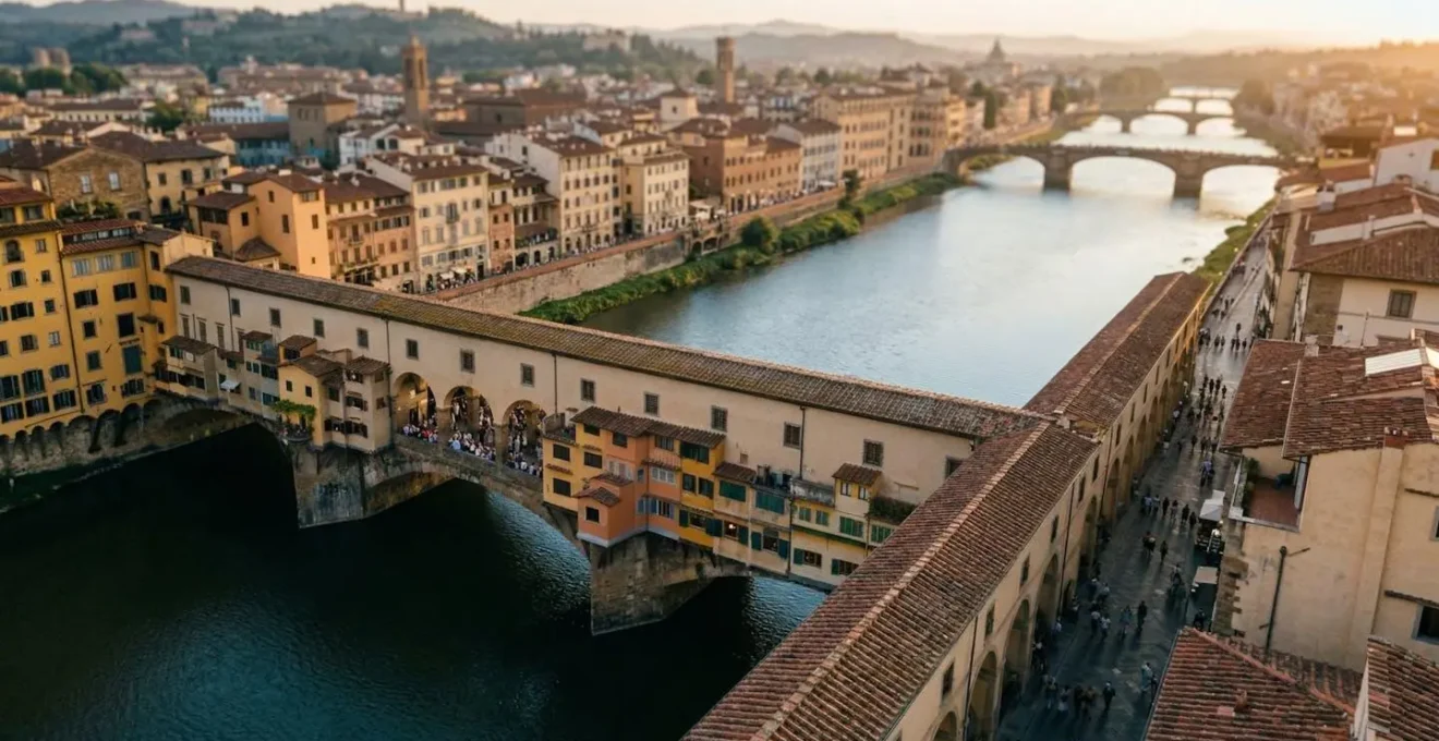 Vista panoramica di Ponte Vecchio a Firenze durante l'ora dorata con turisti che passeggiano serenamente