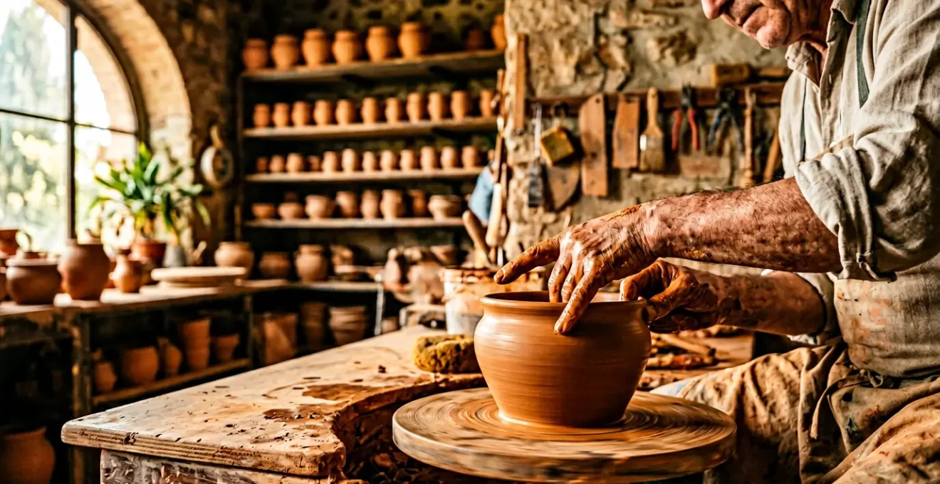 Mani di artigiano che modellano argilla al tornio in un laboratorio di ceramica italiano tradizionale