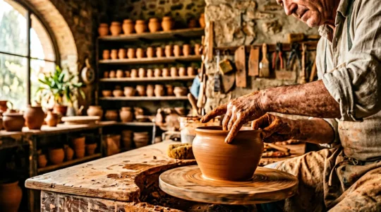 Mani di artigiano che modellano argilla al tornio in un laboratorio di ceramica italiano tradizionale