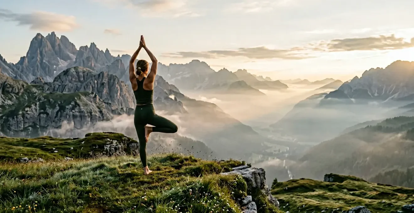 Persona che pratica yoga all'alba su un prato di montagna con vista sulle Alpi italiane