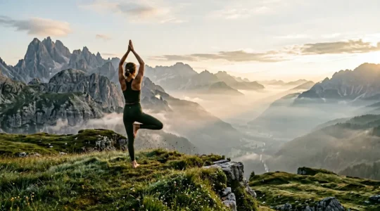 Persona che pratica yoga all'alba su un prato di montagna con vista sulle Alpi italiane