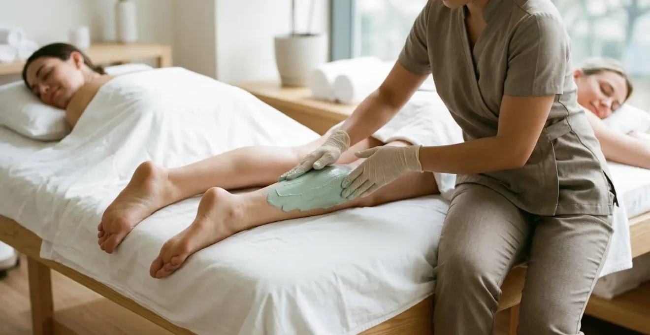 Applicazione delicata di fango freddo su gambe con attenzione ai capillari