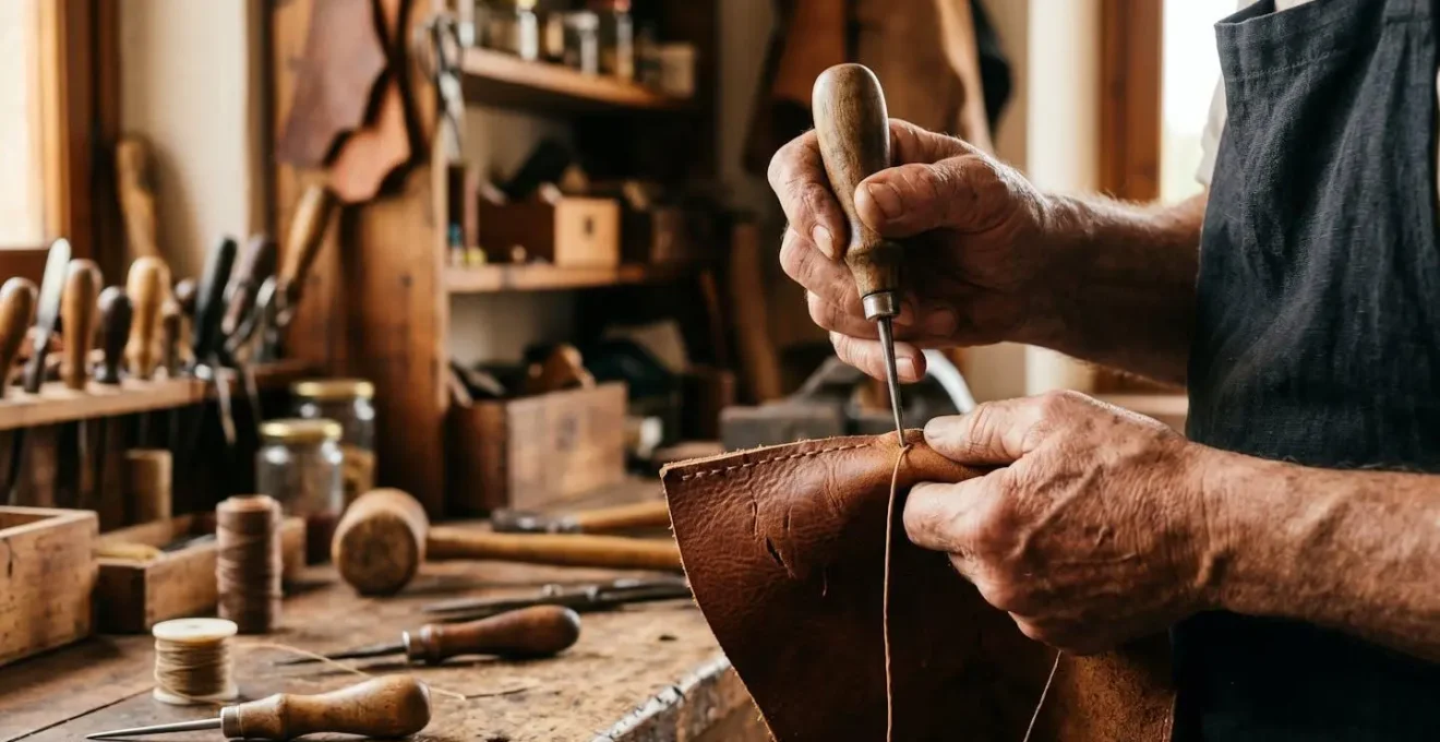 Mani di artigiano che lavorano il cuoio in una bottega tradizionale fiorentina, simbolo di dedizione.