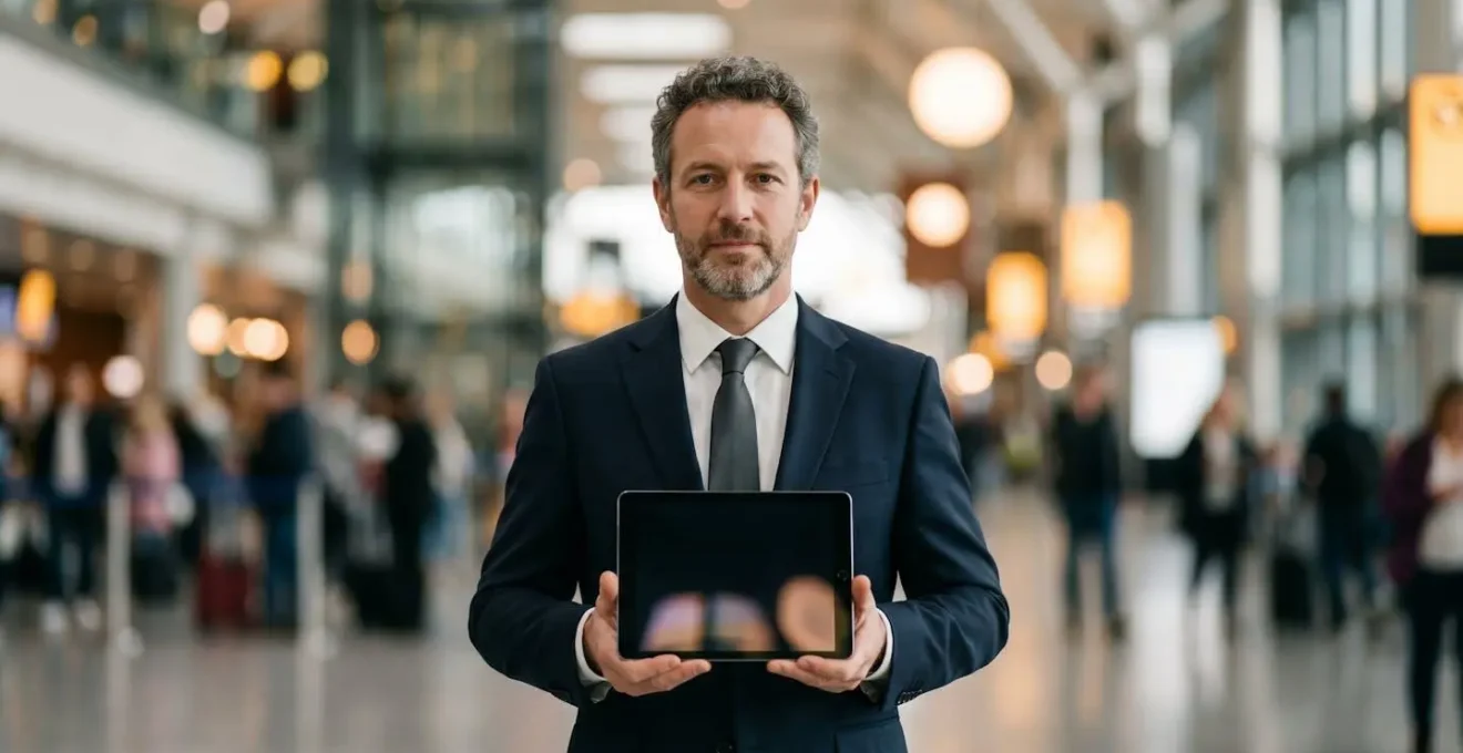 Autista professionale NCC in divisa che tiene un tablet con area arrivi aeroporto sfocata