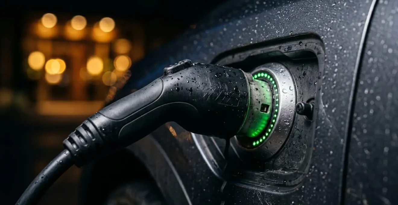 Auto elettrica in ricarica notturna presso parcheggio hotel di montagna illuminato
