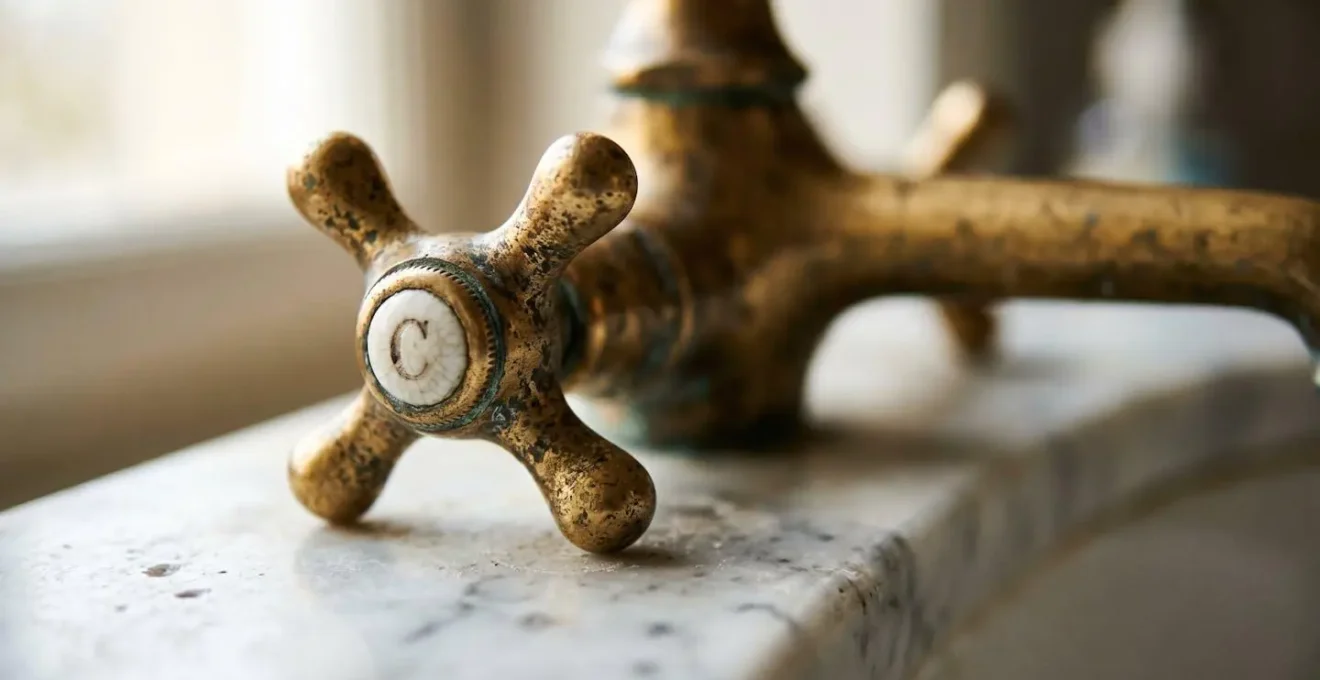 Dettaglio di un bagno d'epoca in marmo con rubinetteria originale