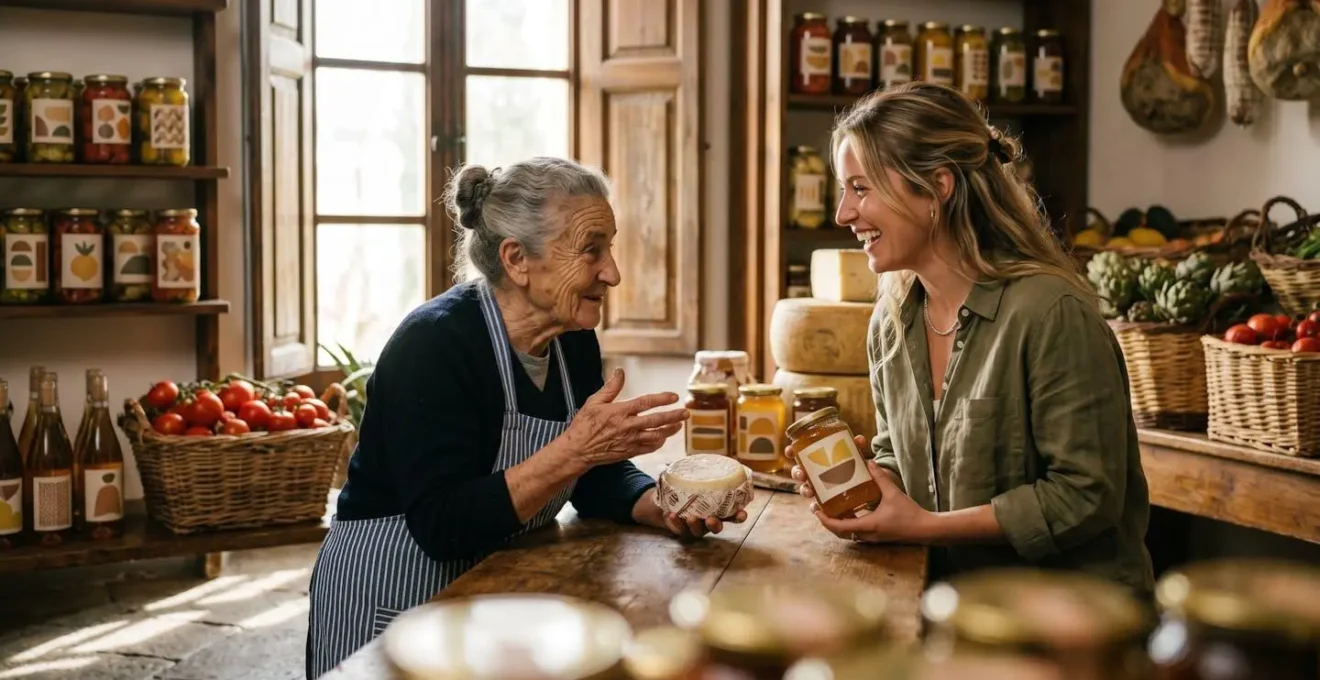 Interno di una bottega tradizionale italiana con prodotti locali esposti, cliente che conversa con il negoziante