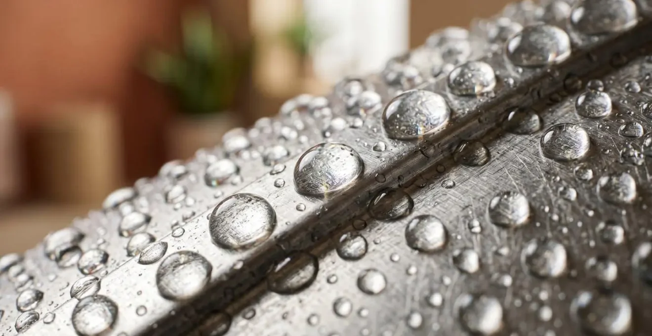 Dettaglio macro di gocce d'acqua su soffione doccia ecologico con texture metallica