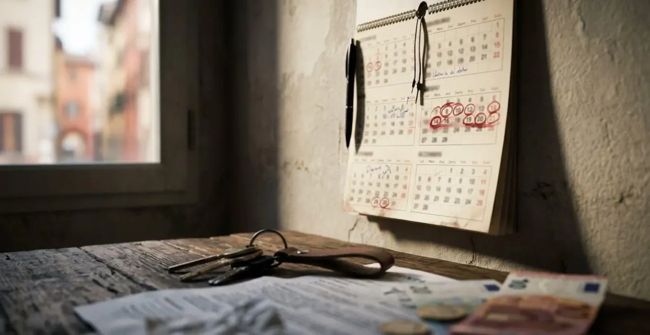 Calendario con scadenze cerchiate e documenti di multa sfocati