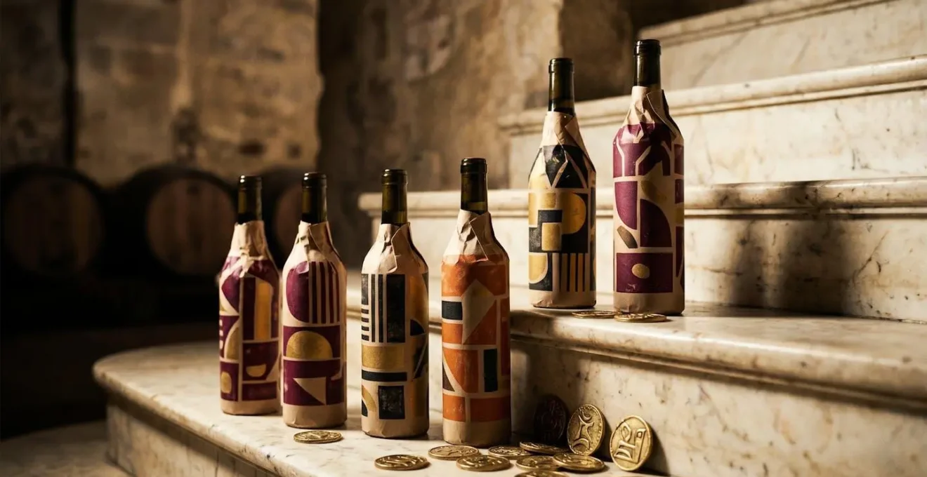 Infografica visuale della catena del valore del vino con monete e percentuali rappresentate graficamente