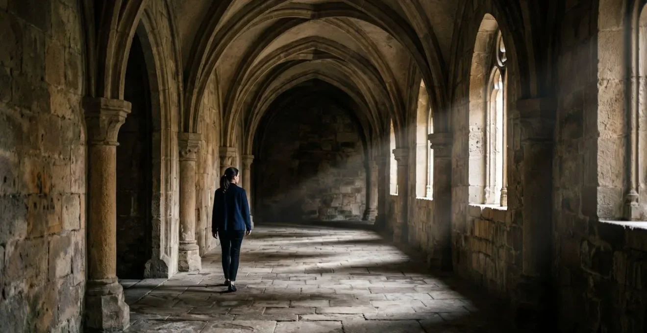 Chiostro di un convento del XVII secolo con archi in pietra e corridoi silenziosi illuminati dalla luce naturale filtrata