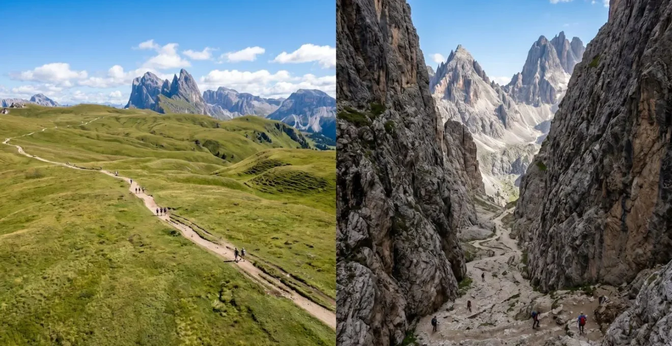 Vista comparativa tra un altopiano dolomitico aperto e una valle stretta